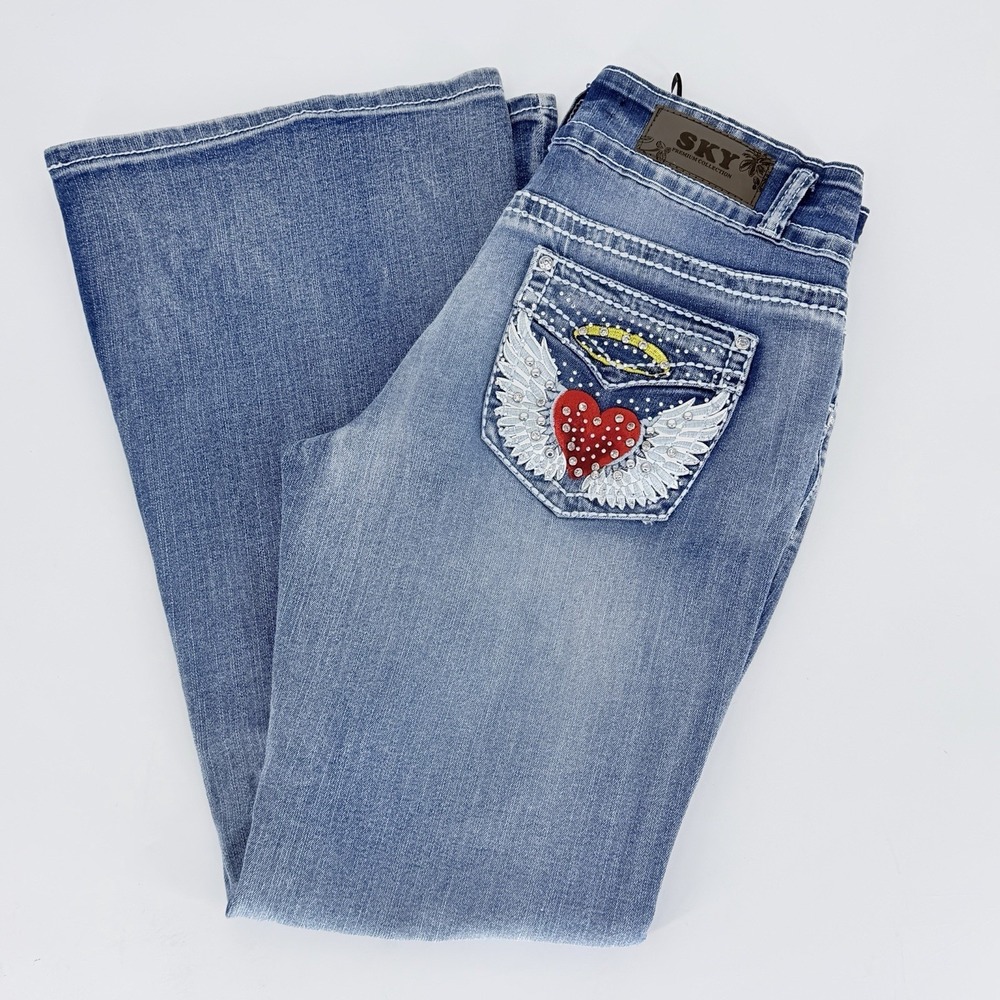 SKY Premium Collection Heart Angel Wings Halo Bling Rhinestone Flare Jeans 13 - Picture 1 of 9